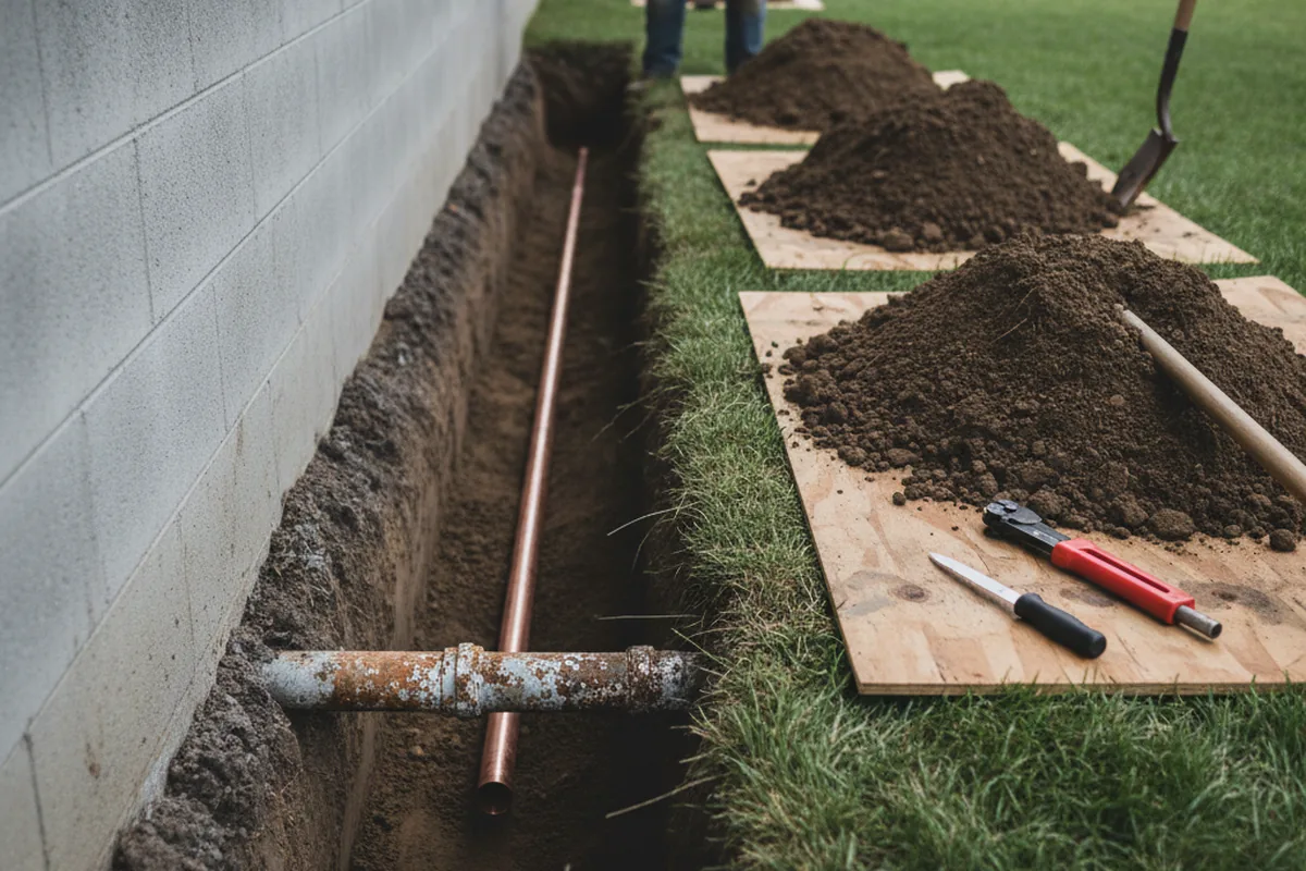 Excavated water line trench during Water Softener Installation in Rockfall